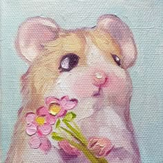 a painting of a hamster with flowers in its mouth