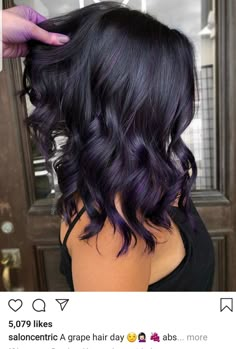 Dark Violet Hair With Highlights, Eggplant Balayage Dark Brown, Black With Violet Highlights, Dark Brown Hair Balayage Purple, Dark Brown And Violet Hair, Purple Balayage On Dark Hair, Black Hair With Purple Ombre, Dark Purple Almost Black Hair, Hair Color Ideas For Brunettes With Purple Highlights