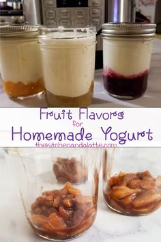 three jars filled with fruit and yogurt sitting on top of a kitchen counter