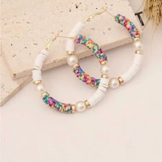 Gold Tone Colorfull Hoop Earrings Metal- Zinc Alloy Checkout My Other Items Handmade Earrings With Beads, Wood Bead Earrings, Clay Beaded Jewelry, Hoop Beaded Earrings, Clay Bead Earrings, Handmade Jewelry Diy Bracelets, Heishi Jewelry, Handmade Jewelry Business, Clay Bracelet