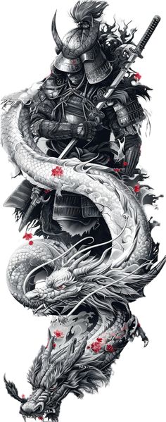 a drawing of a dragon and a man in armor on top of each other with two swords