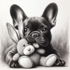 a black and white drawing of a dog with a stuffed animal rabbit in his lap