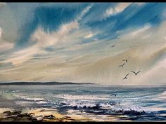 watercolor painting of birds flying over the ocean