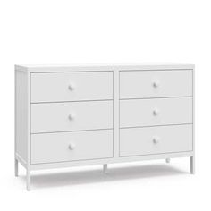 a white dresser with four drawers and two doors on one side, in front of a white background