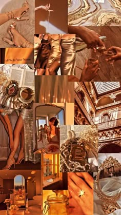 the collage shows different images of women in gold and silver outfits, including shoes