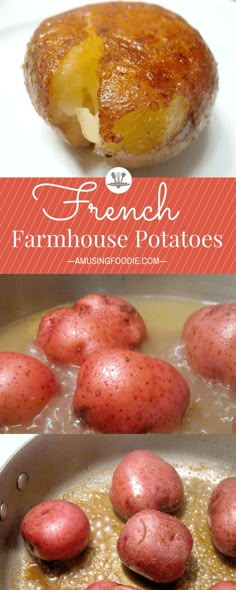 potatoes are being cooked in a pan with the words french farmhouse potatoes above it and below