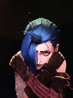 an anime character with blue hair and piercings on his head, holding his arm around his neck