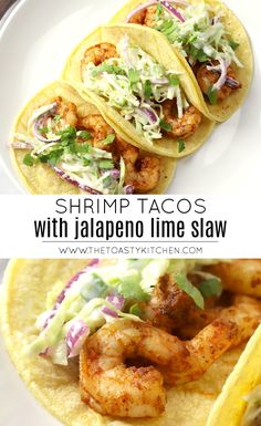 shrimp tacos with jalapeno lime slaw are the perfect lunch or appetizer