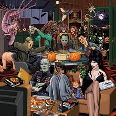 a group of people sitting around a living room filled with halloween decorations