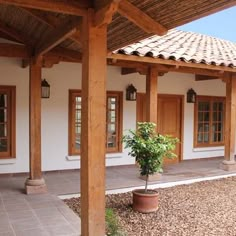 an outside view of a house with potted plants