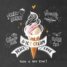 an ice cream cone with the words peace and love written in white on a blackboard