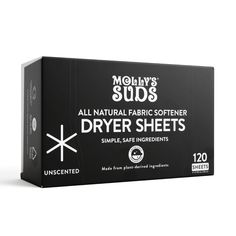 a box of dryer sheets sitting on top of a white surface with the words moly's suds