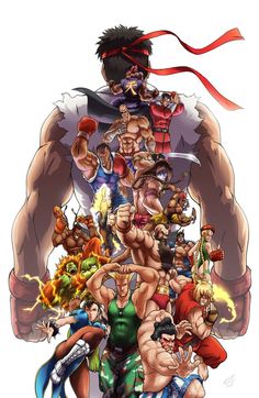 an anime poster with many different characters in the same group, including one man and two women