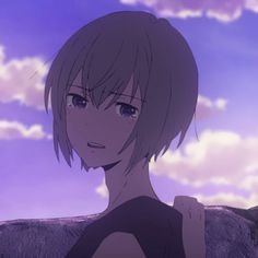 a girl with short hair standing in front of a purple sky and clouds, looking at the camera