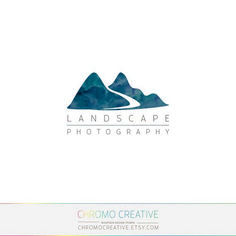 the landscape photography logo is shown in blue and green tones, with mountains behind it