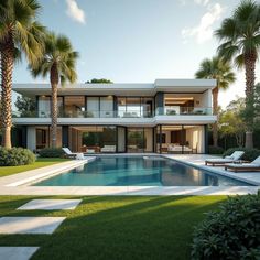 a large swimming pool in front of a modern house with palm trees and lawn chairs