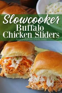 slow cooker buffalo chicken sliders on a plate with coleslaw in the background