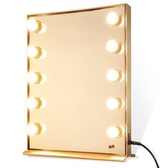 a mirror with lights on it next to a plugged in light bulb and two circles