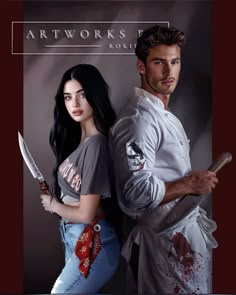 a man and woman are holding knives in their hands