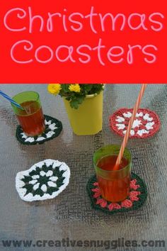 crocheted coasters with christmas coasters and drinks on the table in front of them