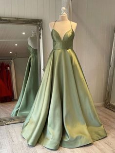 Sage Prom Dress, Sage Green Prom Dress, Prom Dress Green, Satin Long Prom Dress, Simple Satin, Green Evening Dress, Junior Prom, Spaghetti Strap Prom Dress, V Neck Prom Dresses