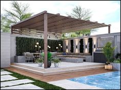 an outdoor living area with a pool and pergolated roof over the dining area