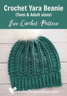 the crochet yarn beanie is shown with text that reads, free crochet