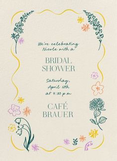 a wedding shower card with flowers and leaves on the front, in blue and yellow