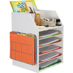 a white desk organizer with orange folders and magazines in the bottom section, on a white background