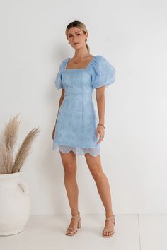 Maye Lace Mini Dress in Blue | böhme Hoco Dress Modest, Hoco Dresses Modest, Middle School Dance Dresses, Modest Homecoming Dresses, Rush Outfits, School Dance Dresses, Senior Photo Outfits, Midi Dress Formal, Mini Cocktail Dress