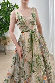 MissJophiel Straps V Neck Floral Embroidery Long Dress Princess Uniform, V Neck Corset, Embroidery Long Dress, Beaded Midi Dress, Patterned Bridesmaid, Green Champagne, Neck Corset, Embroidery Beaded, Prom Party