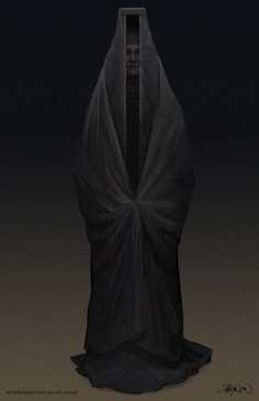 a drawing of a person in a black robe with a hood over their head and face