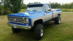 a blue and silver truck parked on top of a grass covered field with trees in the background