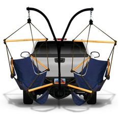 two hammock chairs attached to the back of a vehicle with wheels on each side