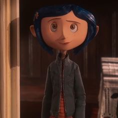 an animated character with blue hair standing in front of a doorway and looking at the camera