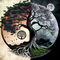 two different pictures with trees and moon in the middle one is black, the other is white