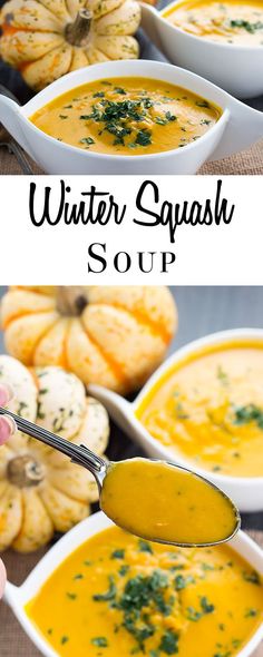 two pictures showing different types of soup in white bowls with pumpkins and other dishes behind them