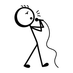 a black and white drawing of a stick figure with a microphone in his hand on a white background