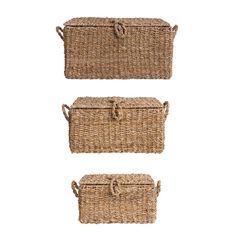 three woven baskets with handles on each side