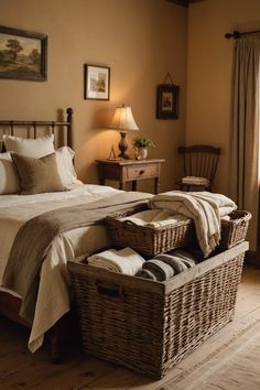 a bedroom with a large bed and wicker storage baskets on the bottom of the bed