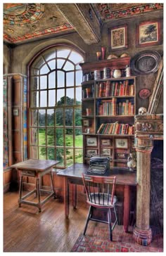 a drawing of a room with bookshelves, desk and chair in front of an open window