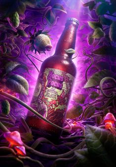 a beer bottle sitting on top of a bed of purple flowers and leaves in front of a bright light