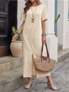 Women's 2024 Casual Dress Cotton Linen Crew Neck Short Sleeve Long Maxi Dress Long Solid Dresses For Day Out, Solid Long Dresses For Day Out, Beige V-neck Midi Dress With Pockets, Beach Dresses With Pockets For Fall, Non-stretch V-neck Dress With Pockets, Fall Beach Dresses With Pockets, Casual Solid Color Dresses With Pockets, Casual Solid Dresses With Pockets, Plain Non-stretch Knee-length Dresses