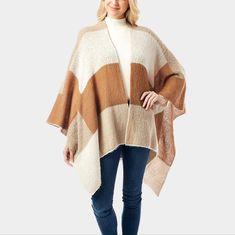 New With Tags, Winter / Fall Style, Ruana Colorblock Stripes Patterned Design Kimono Poncho One Size Fits Most Measures: 31.5" X 43.3" Material: 100% Acrylic Color: Beige Trendy Statement Jacket / Coat / Office / Sweater / Cape / Shawl / Cardigan / Fashion Statement Accessory / Scarve / Oversized Scarf B 1297 P Color Block Shawl, Beige Brown Color, Abstract Print Pattern, Office Sweater, Sweater Cape, Stripes Pattern Design, Cape Shawl, Cape Sweater, Statement Jacket