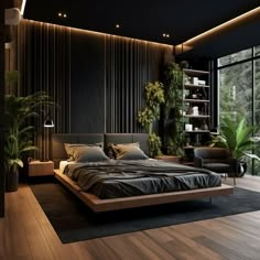 a large bed sitting in the middle of a bedroom next to a tall window with potted plants on it