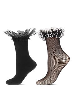 Sheer lace lends sultry energy to these ankle socks with ruffled cuffs and soft cushioning. Pack of two assorted pairs Nylon/spandex Machine wash, tumble dry Imported Black Socks With Lace Trim For Spring, Trendy Ruffled Socks For Spring, Lace Ruffle, Ankle Socks, Sheer Lace, Black And Red, Socks, Nordstrom, Cuff