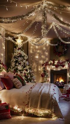 a bedroom decorated for christmas with lights on the ceiling and decorations around the bed in front of the fireplace