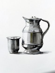 a painting of a silver pitcher and two cups