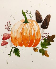 a watercolor painting of an orange pumpkin surrounded by mushrooms