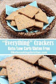 crackers in a wicker basket with blue napkins on top and text overlay that reads everything crackers keto / low carb / glution free